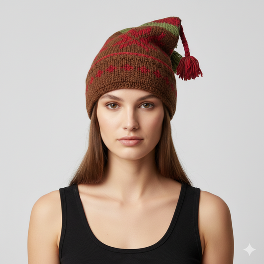 Recycled Hand Knit Jester Hat 100% Wool Boho Beanie Multi Tassel Warm Fleece Lined Winter Cap P308