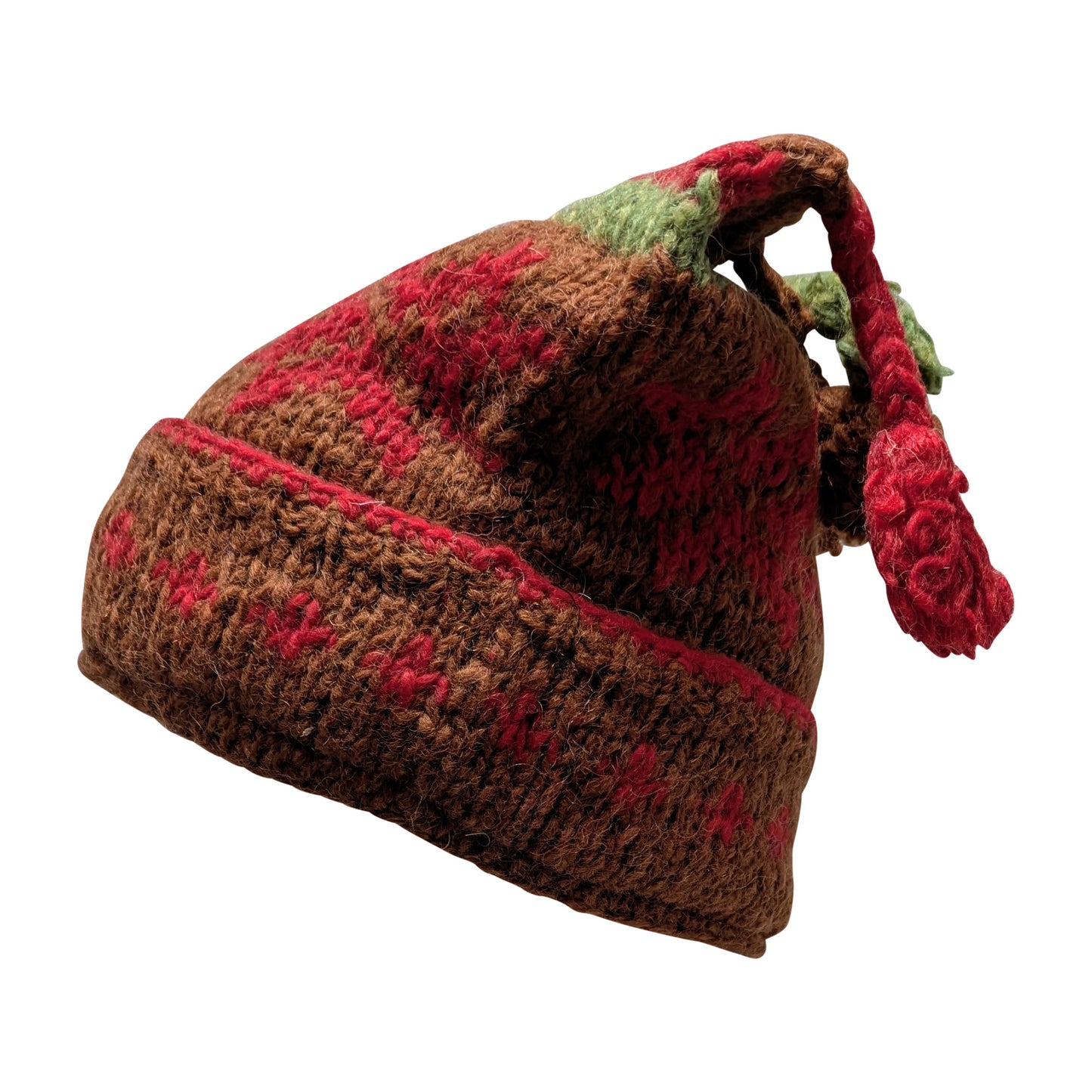 Recycled Hand Knit Jester Hat 100% Wool Boho Beanie Multi Tassel Warm Fleece Lined Winter Cap P308