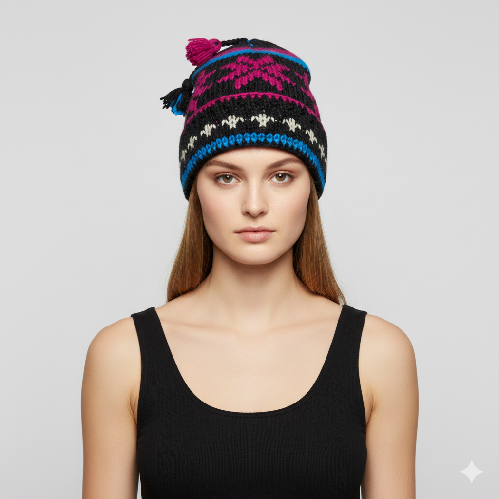 Recycled Hand Knit Jester Hat 100% Wool Boho Beanie Multi Tassel Warm Fleece Lined Winter Cap P309