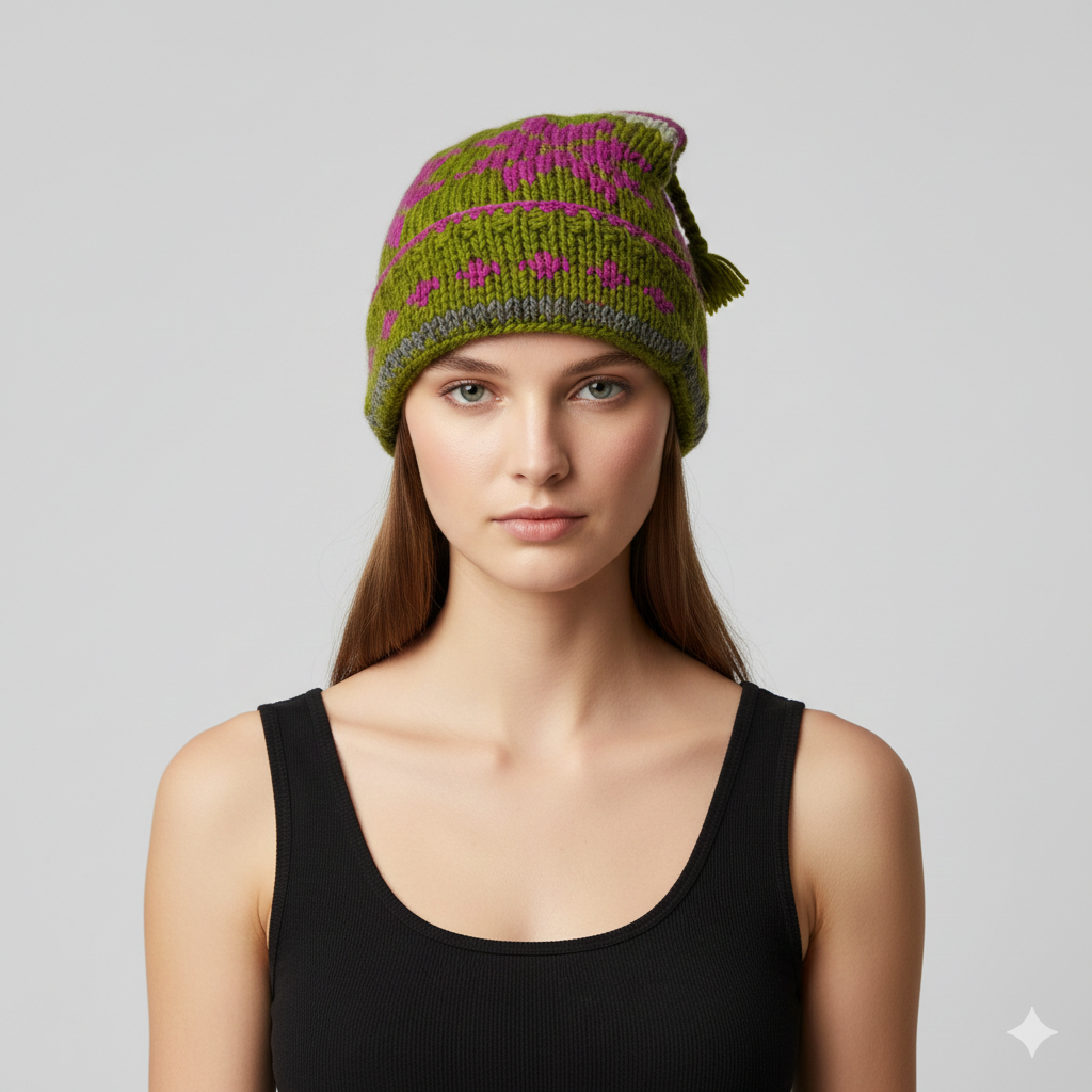 Recycled Hand Knit Jester Hat 100% Wool Boho Beanie Multi Tassel Warm Fleece Lined Winter Cap P310