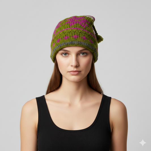 Recycled Hand Knit Jester Hat 100% Wool Boho Beanie Multi Tassel Warm Fleece Lined Winter Cap P310