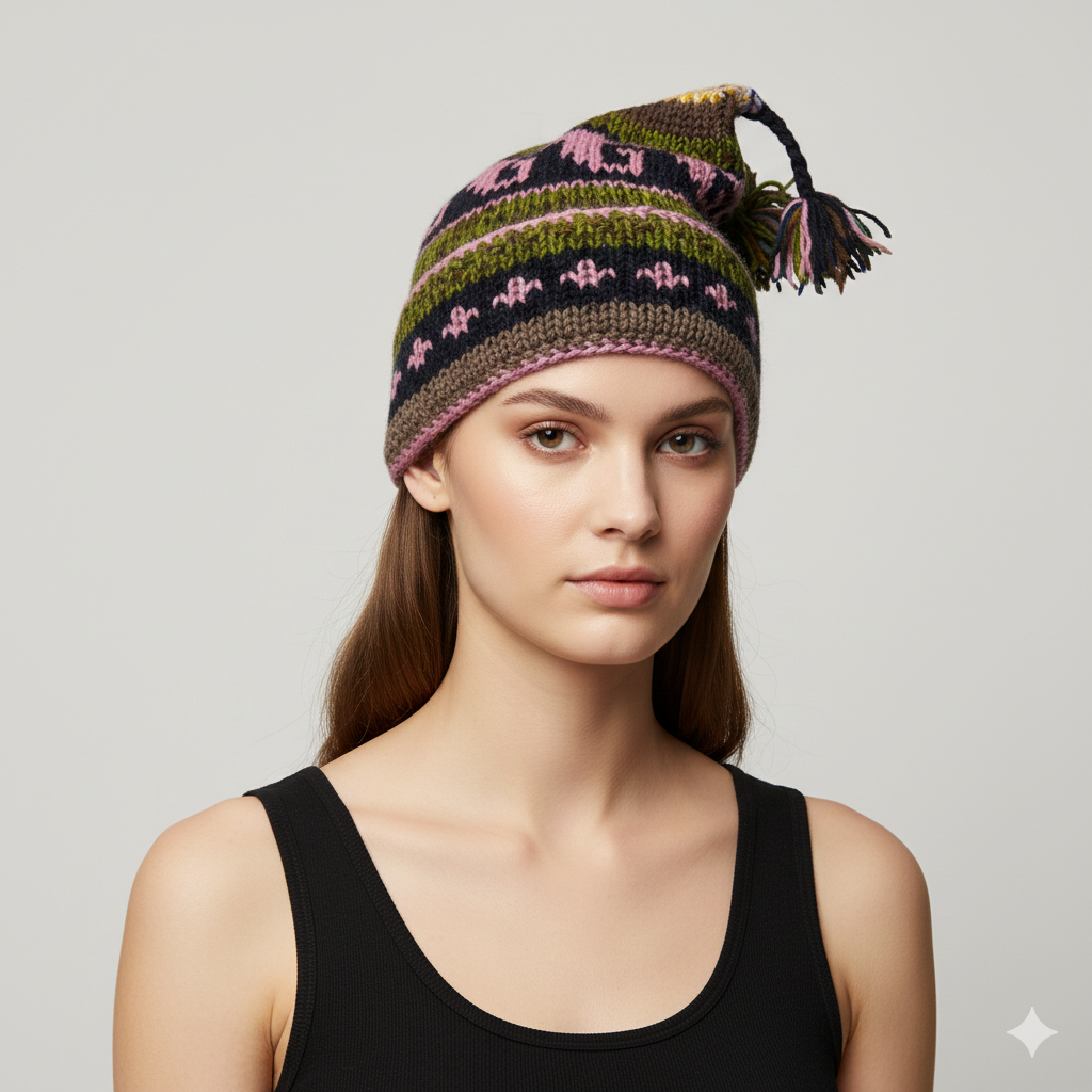 Recycled Hand Knit Jester Hat 100% Wool Boho Beanie Multi Tassel Warm Fleece Lined Winter Cap P311