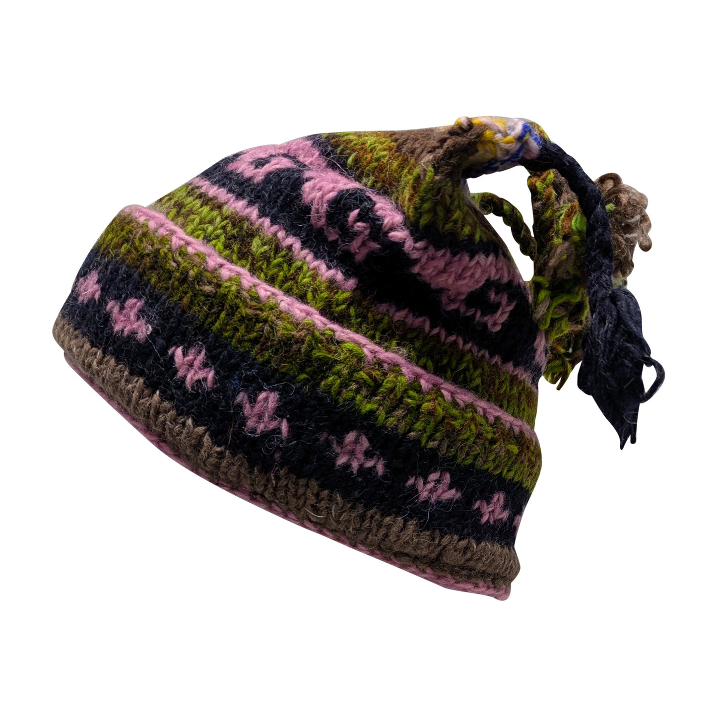 Recycled Hand Knit Jester Hat 100% Wool Boho Beanie Multi Tassel Warm Fleece Lined Winter Cap P311