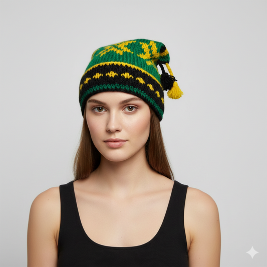 Recycled Hand Knit Jester Hat 100% Wool Boho Beanie Multi Tassel Warm Fleece Lined Winter Cap P312