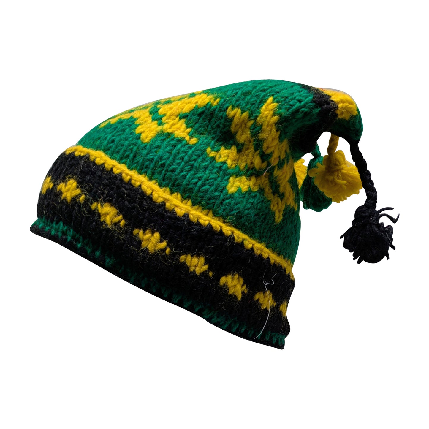 Recycled Hand Knit Jester Hat 100% Wool Boho Beanie Multi Tassel Warm Fleece Lined Winter Cap P312