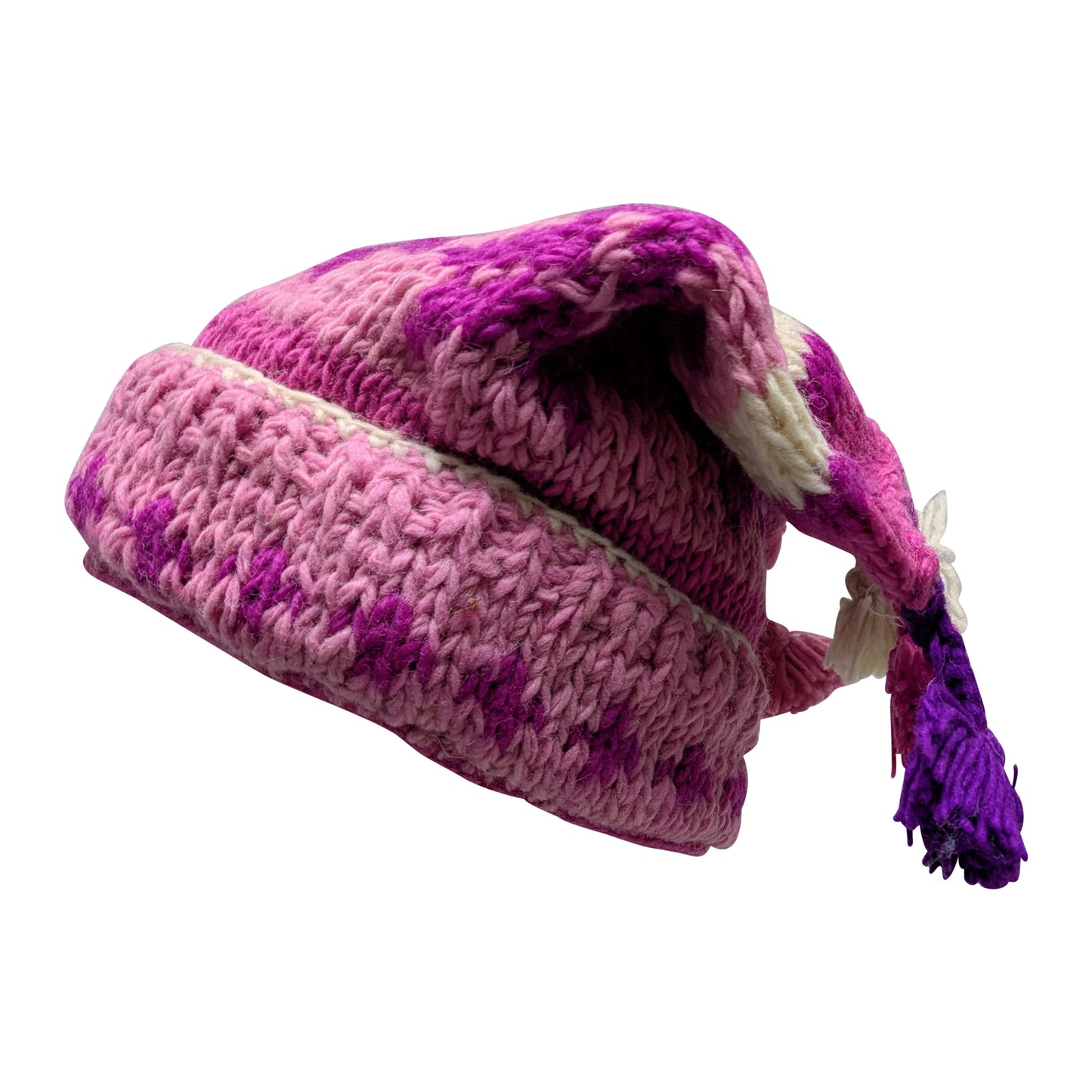 Recycled Hand Knit Jester Hat 100% Wool Boho Beanie Multi Tassel Warm Fleece Lined Winter Cap P313