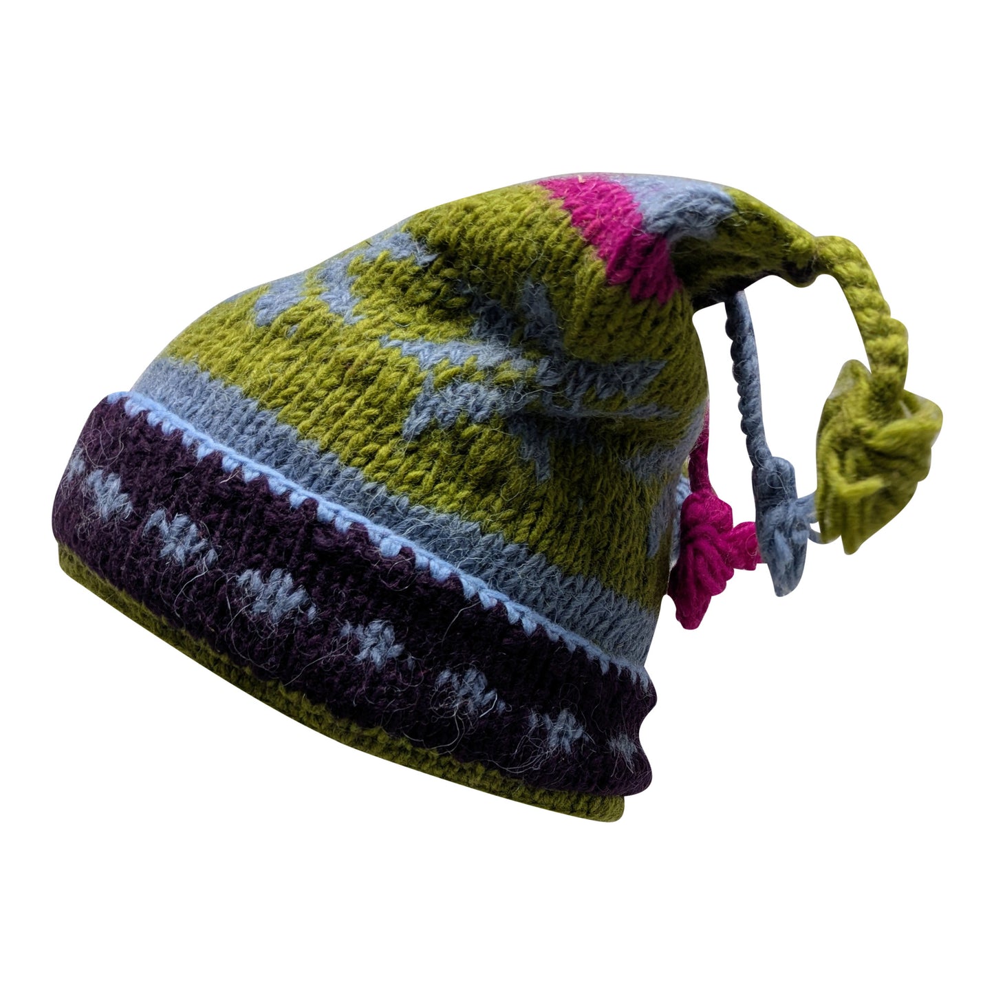 Recycled Hand Knit Jester Hat 100% Wool Boho Beanie Multi Tassel Warm Fleece Lined Winter Cap P314