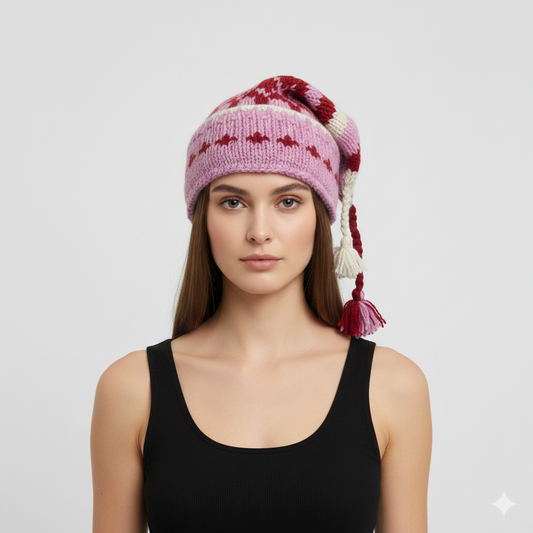 Recycled Hand Knit Jester Hat 100% Wool Boho Beanie Multi Tassel Warm Fleece Lined Winter Cap P315