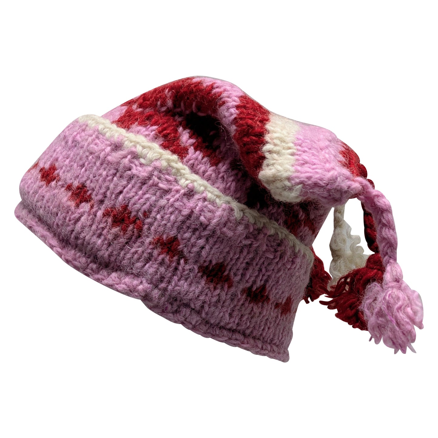 Recycled Hand Knit Jester Hat 100% Wool Boho Beanie Multi Tassel Warm Fleece Lined Winter Cap P315