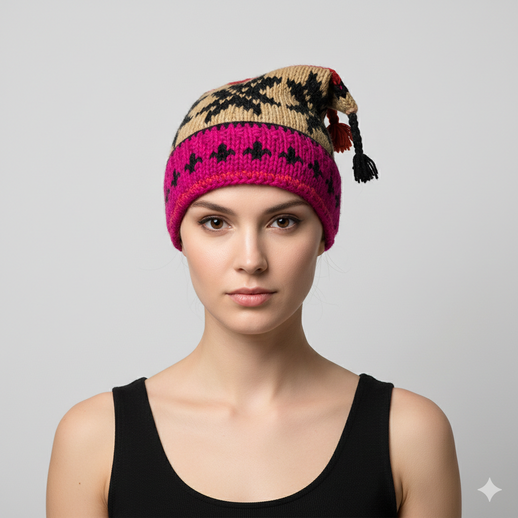 Recycled Hand Knit Jester Hat 100% Wool Boho Beanie Multi Tassel Warm Fleece Lined Winter Cap P316