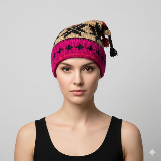 Recycled Hand Knit Jester Hat 100% Wool Boho Beanie Multi Tassel Warm Fleece Lined Winter Cap P316