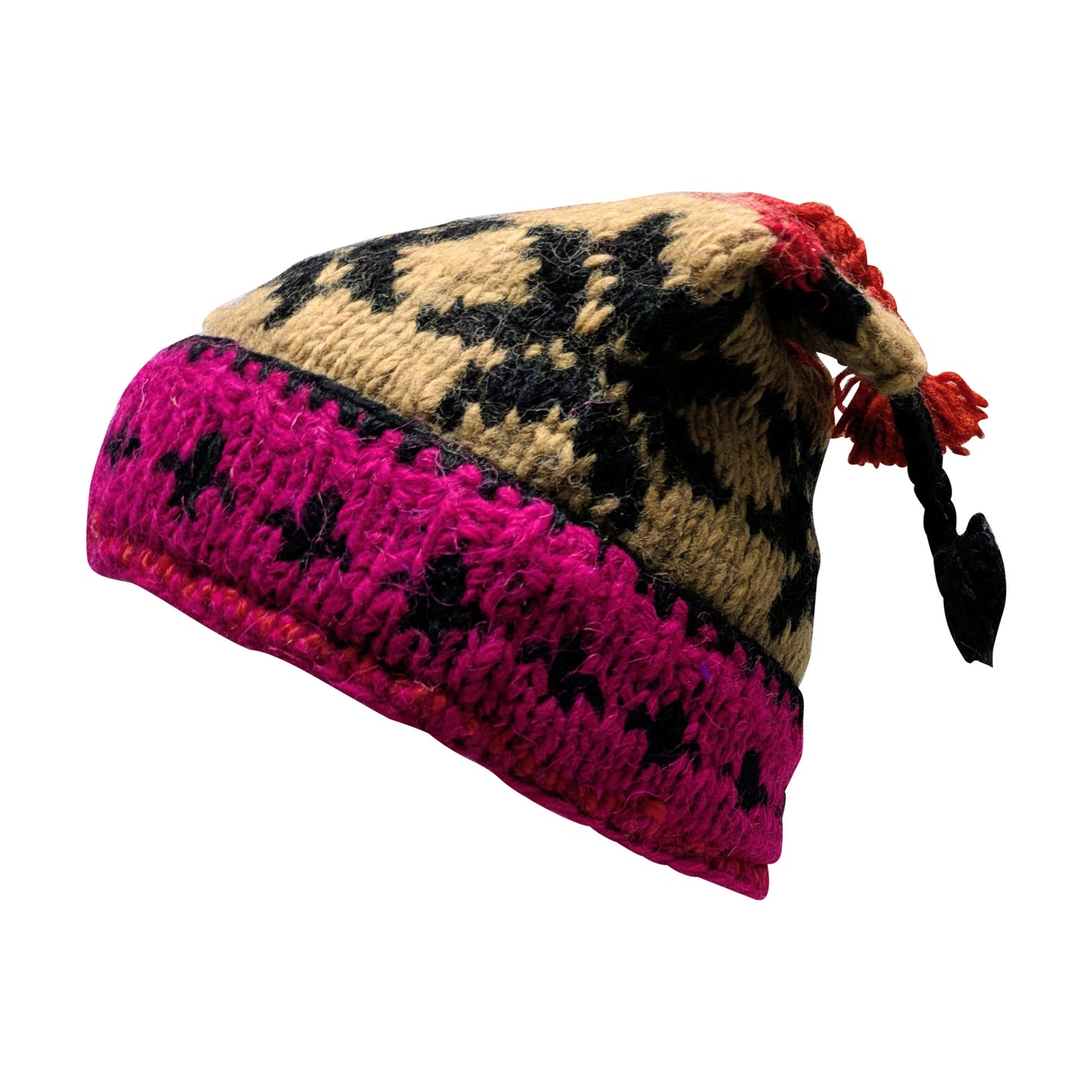 Recycled Hand Knit Jester Hat 100% Wool Boho Beanie Multi Tassel Warm Fleece Lined Winter Cap P316