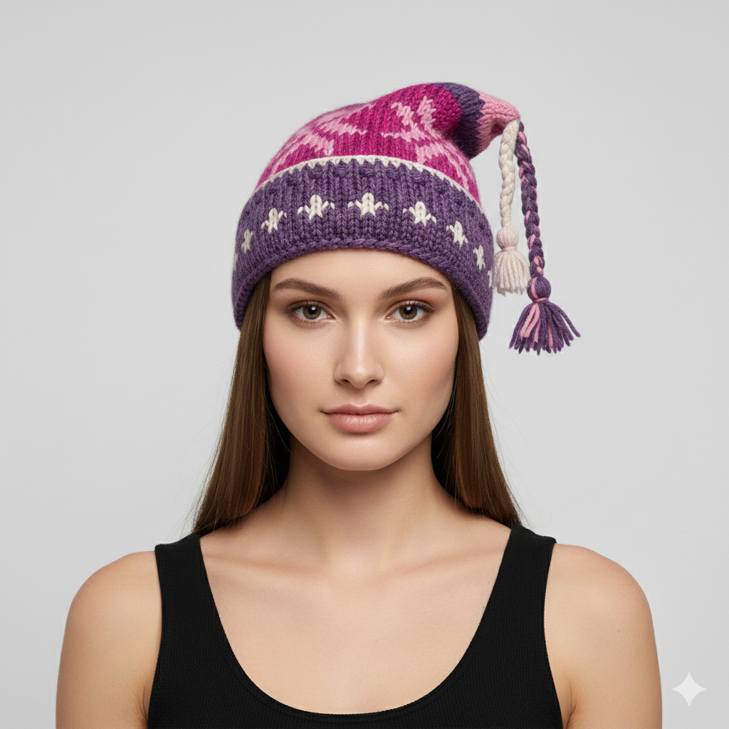 Recycled Hand Knit Jester Hat 100% Wool Boho Beanie Multi Tassel Warm Fleece Lined Winter Cap P317