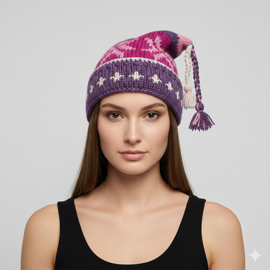 Recycled Hand Knit Jester Hat 100% Wool Boho Beanie Multi Tassel Warm Fleece Lined Winter Cap P317