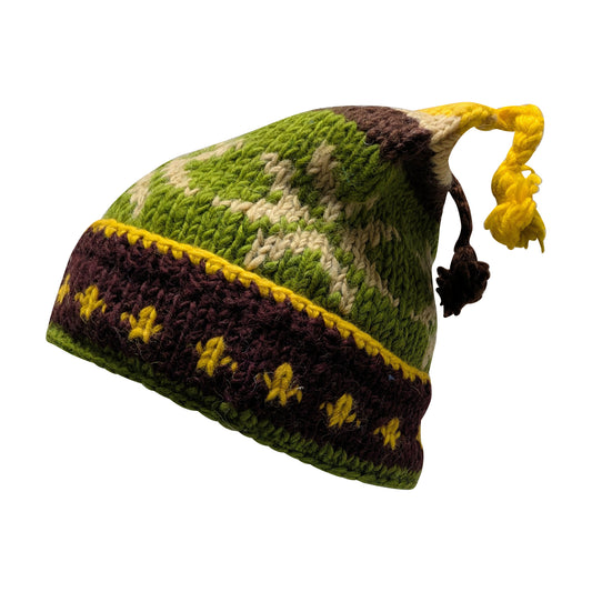 Recycled Hand Knit Jester Hat 100% Wool Boho Beanie Multi Tassel Warm Fleece Lined Winter Cap P318