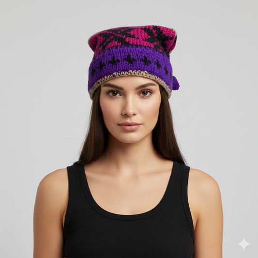 Recycled Hand Knit Jester Hat 100% Wool Boho Beanie Multi Tassel Warm Fleece Lined Winter Cap P319