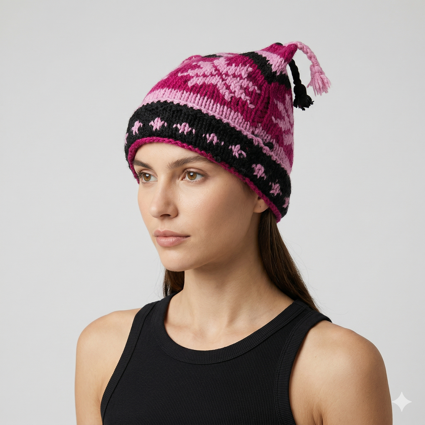 Hand Knit Recycled Wool Beanie: Fleece Lined Winter Hat - p351