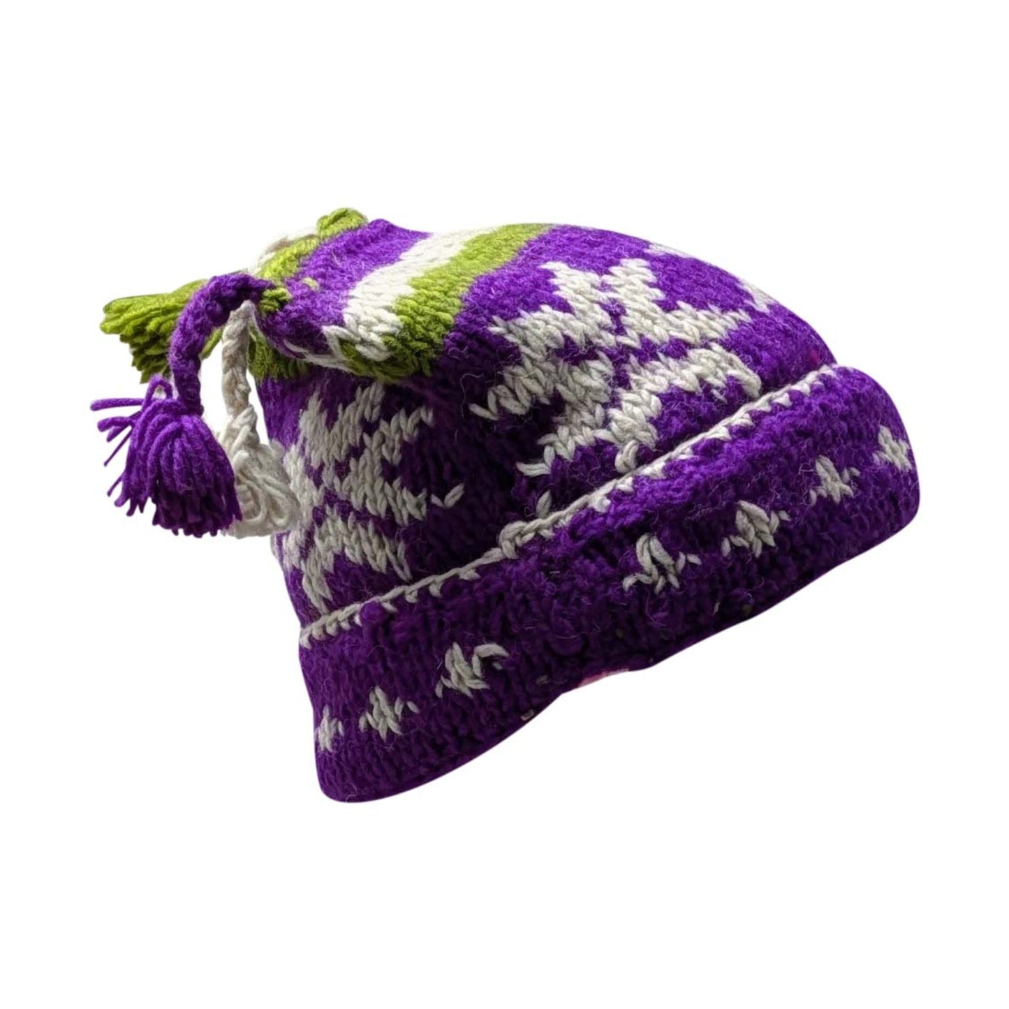 Hand Knit Recycled Wool Beanie: Fleece Lined Winter Hat - p352