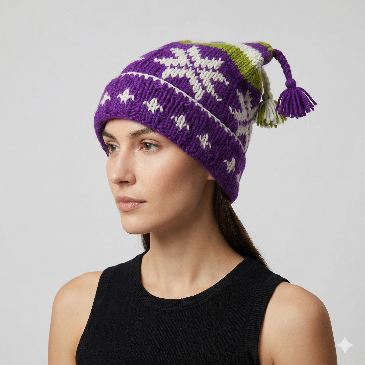 Hand Knit Recycled Wool Beanie: Fleece Lined Winter Hat - p352