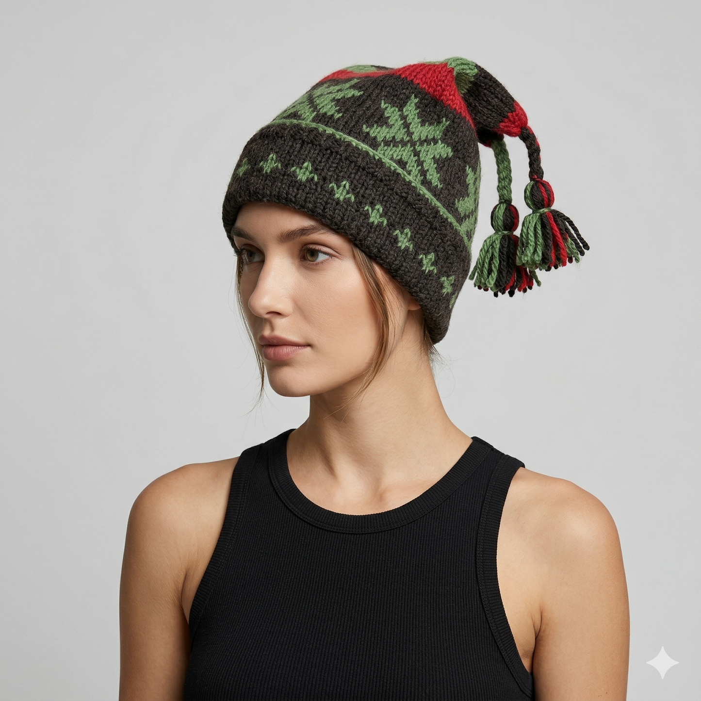 Hand Knit Recycled Wool Beanie: Fleece Lined Winter Hat - p353