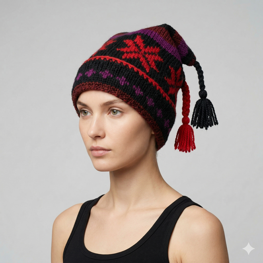 Hand Knit Recycled Wool Beanie: Fleece Lined Winter Hat - p356