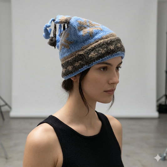 Hand Knit Recycled Wool Beanie: Fleece Lined Winter Hat - p359