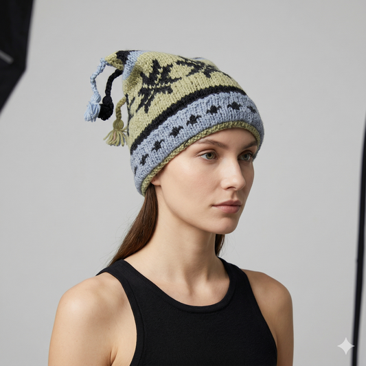 Hand Knit Recycled Wool Beanie: Fleece Lined Winter Hat - p360