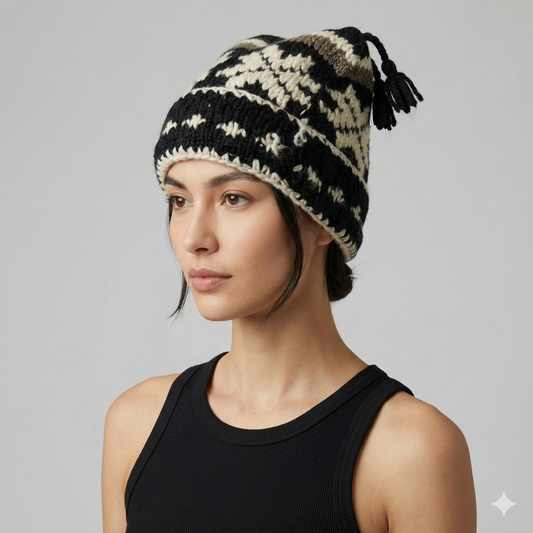 Hand Knit Recycled Wool Beanie: Fleece Lined Winter Hat - p372