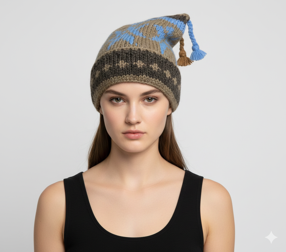 Recycled Hand Knit Jester Hat 100% Wool Boho Beanie Multi Tassel Warm Fleece Lined Winter Cap P373