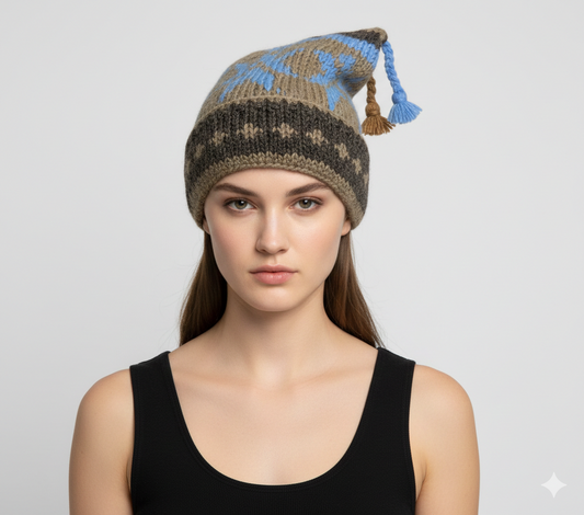 Recycled Hand Knit Jester Hat 100% Wool Boho Beanie Multi Tassel Warm Fleece Lined Winter Cap P373