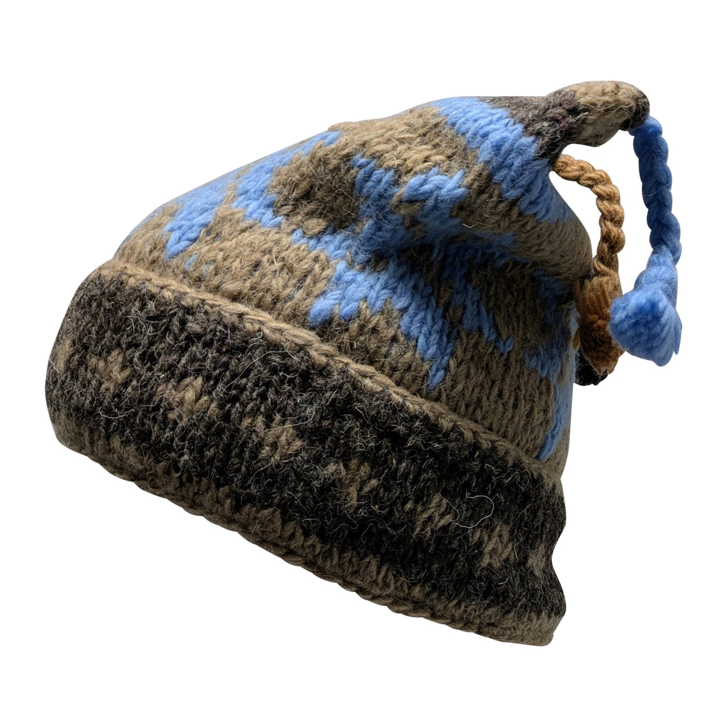 Recycled Hand Knit Jester Hat 100% Wool Boho Beanie Multi Tassel Warm Fleece Lined Winter Cap P373