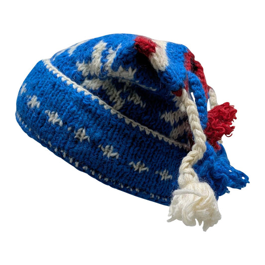 Recycled Hand Knit Jester Hat 100% Wool Boho Beanie Multi Tassel Warm Fleece Lined Winter Cap P374