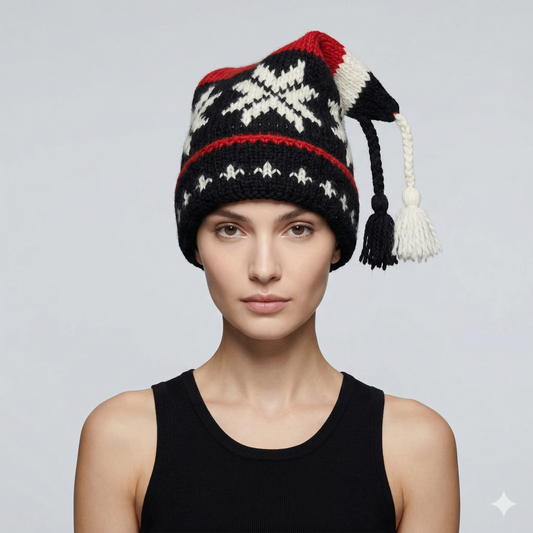 Hand Knit Recycled Wool Beanie: Fleece Lined Winter Hat - p375