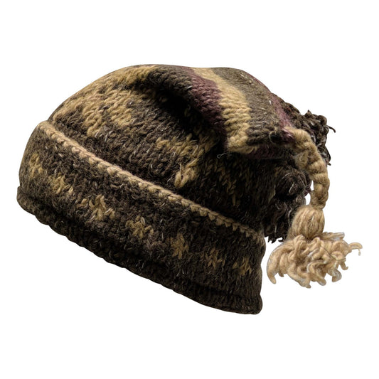 Recycled Hand Knit Jester Hat 100% Wool Boho Beanie Multi Tassel Warm Fleece Lined Winter Cap P376