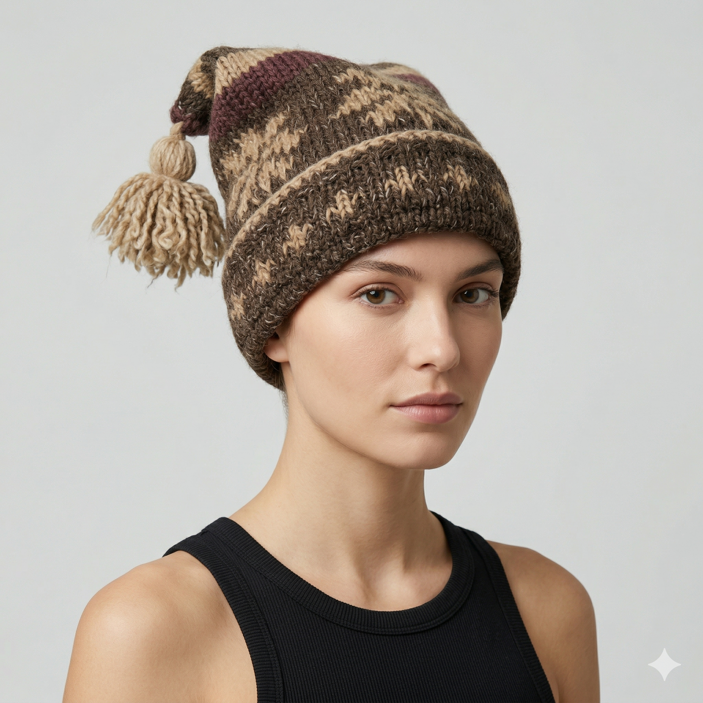 Hand Knit Recycled Wool Beanie: Fleece Lined Winter Hat - p376