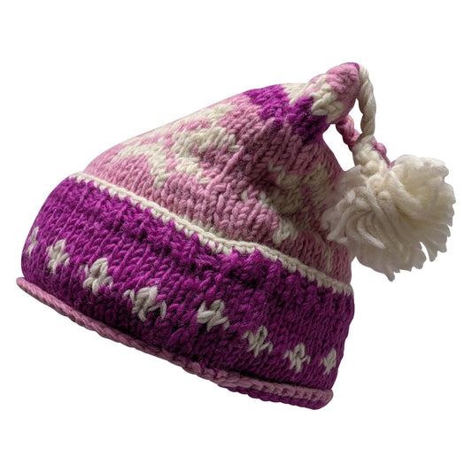 Recycled Hand Knit Jester Hat 100% Wool Boho Beanie Multi Tassel Warm Fleece Lined Winter Cap P377