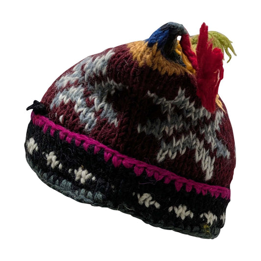 Recycled Hand Knit Jester Hat 100% Wool Boho Beanie Multi Tassel Warm Fleece Lined Winter Cap P378
