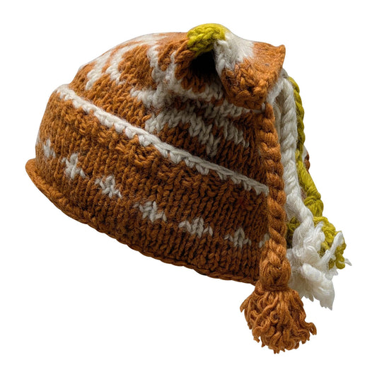 Recycled Hand Knit Jester Hat 100% Wool Boho Beanie Multi Tassel Warm Fleece Lined Winter Cap P379