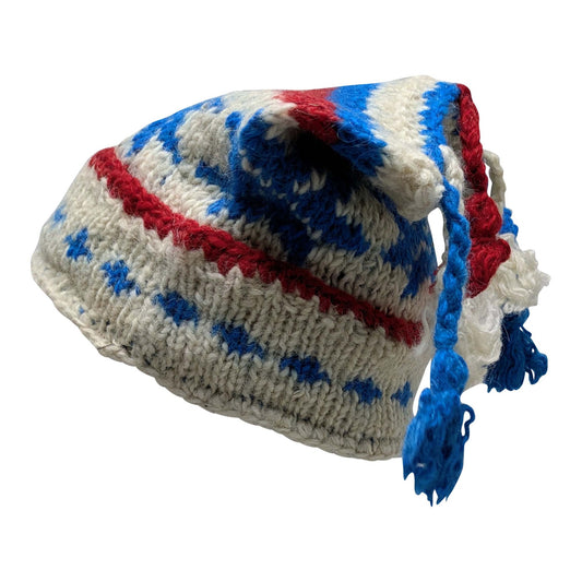 Recycled Hand Knit Jester Hat 100% Wool Boho Beanie Multi Tassel Warm Fleece Lined Winter Cap P380