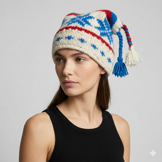 Hand Knit Recycled Wool Beanie: Fleece Lined Winter Hat - p380