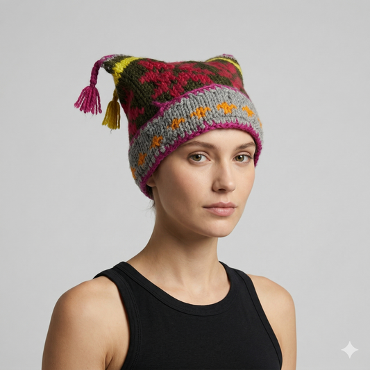 Hand Knit Recycled Wool Beanie: Fleece Lined Winter Hat - p38