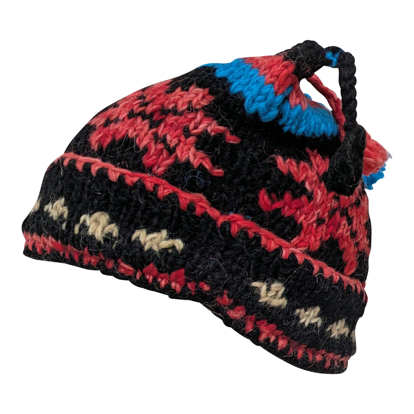 Recycled Hand Knit Jester Hat 100% Wool Boho Beanie Multi Tassel Warm Fleece Lined Winter Cap P452