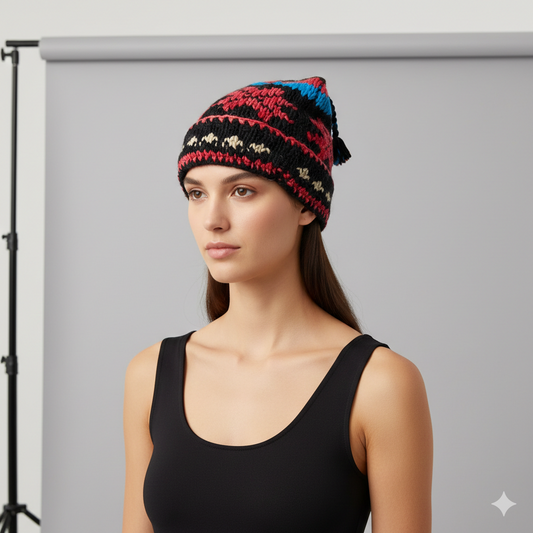 Recycled Hand Knit Jester Hat 100% Wool Boho Beanie Multi Tassel Warm Fleece Lined Winter Cap P452