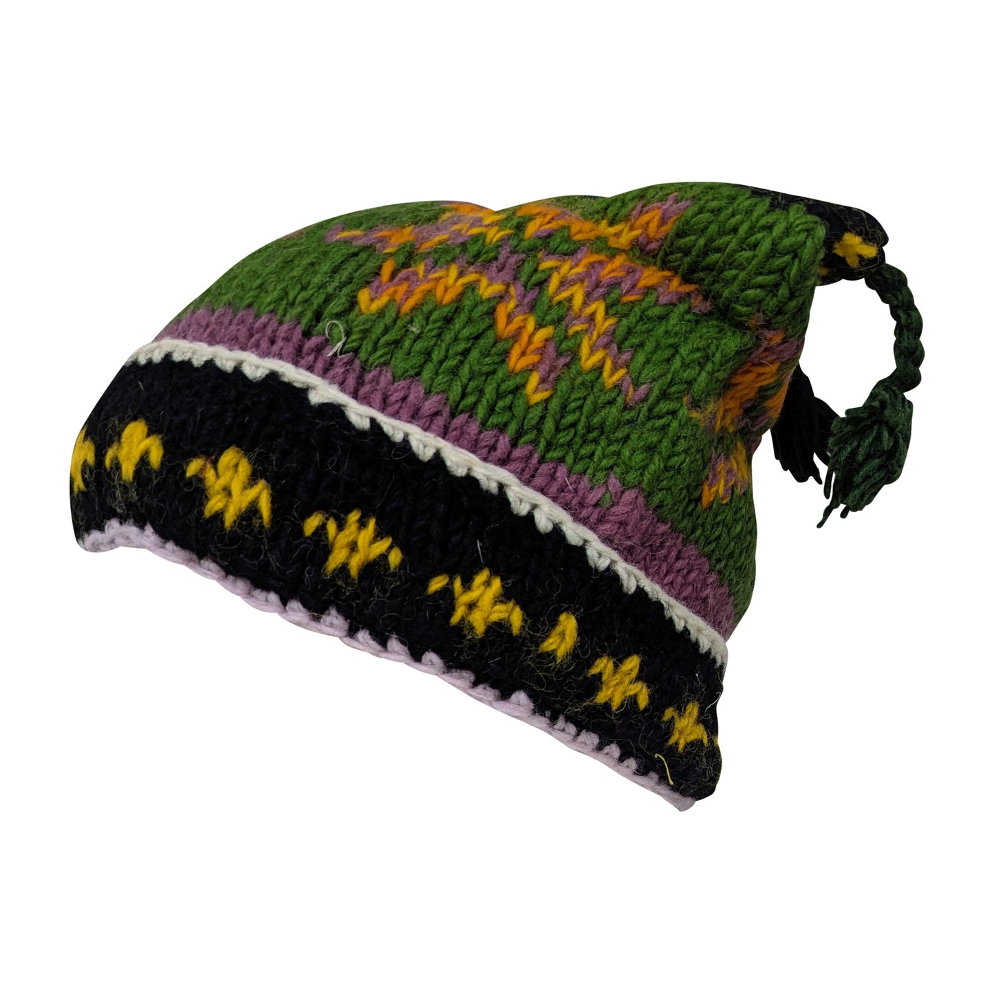 Recycled Hand Knit Jester Hat 100% Wool Boho Beanie Multi Tassel Warm Fleece Lined Winter Cap P453