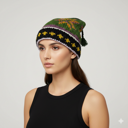 Recycled Hand Knit Jester Hat 100% Wool Boho Beanie Multi Tassel Warm Fleece Lined Winter Cap P453