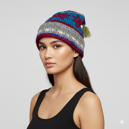 Recycled Hand Knit Jester Hat 100% Wool Boho Beanie Multi Tassel Warm Fleece Lined Winter Cap P454