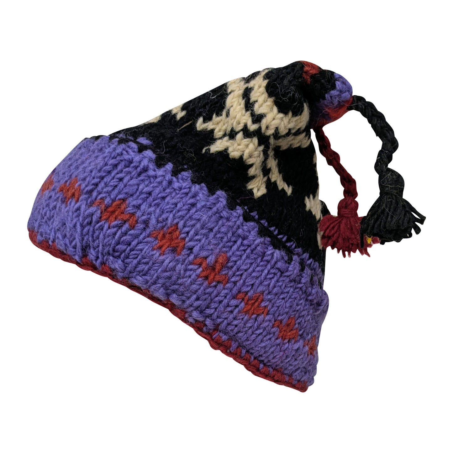 Recycled Hand Knit Jester Hat 100% Wool Boho Beanie Multi Tassel Warm Fleece Lined Winter Cap P456