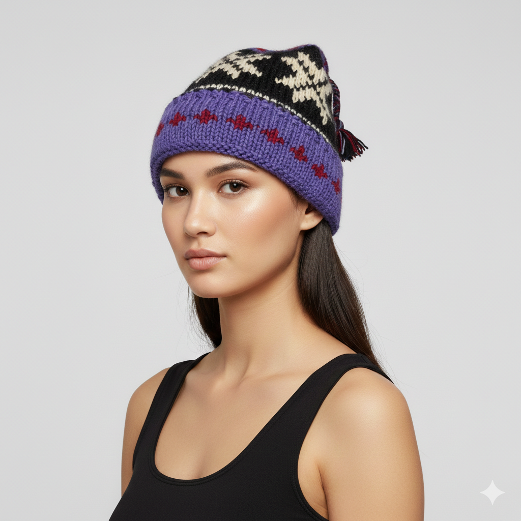 Recycled Hand Knit Jester Hat 100% Wool Boho Beanie Multi Tassel Warm Fleece Lined Winter Cap P456