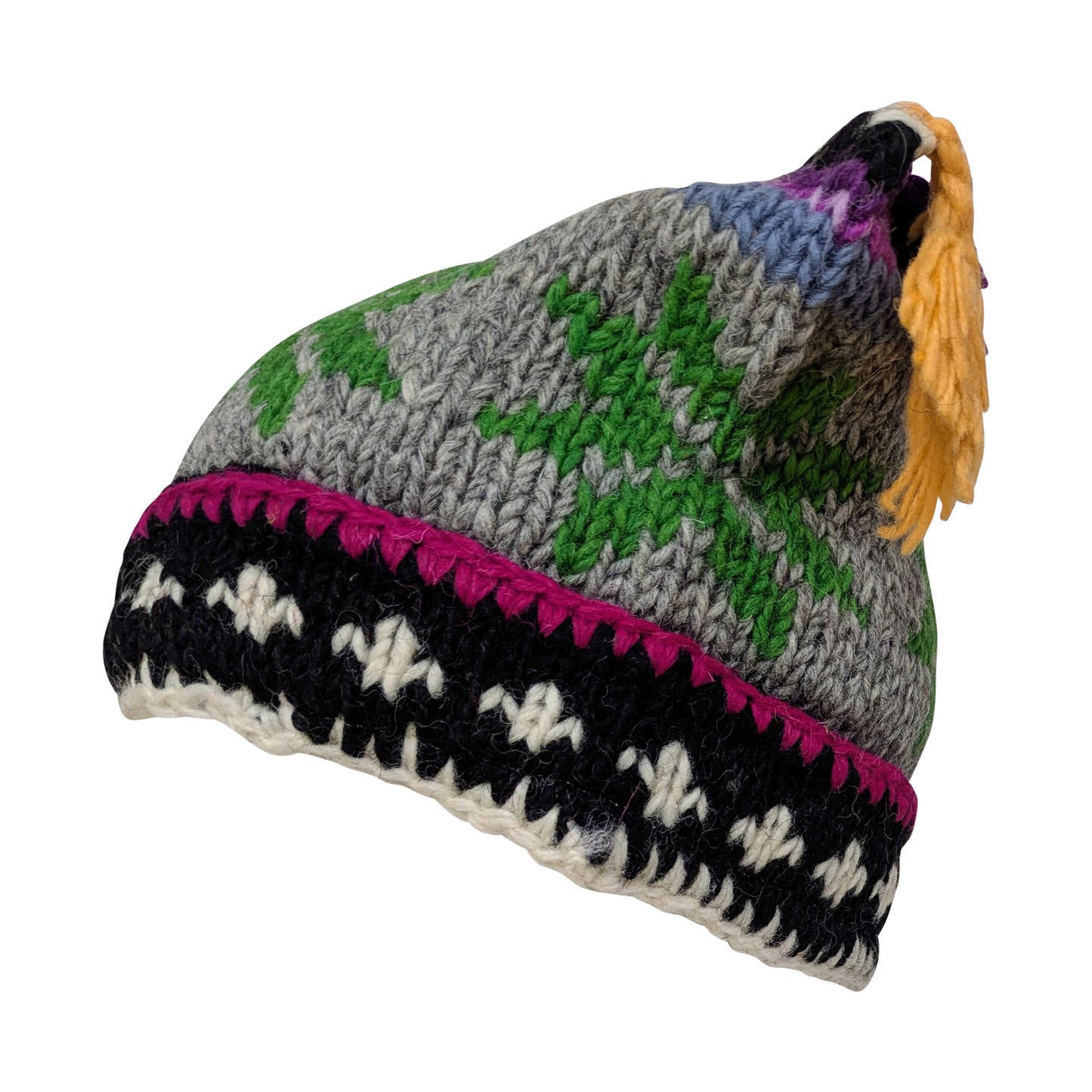 Recycled Hand Knit Jester Hat 100% Wool Boho Beanie Multi Tassel Warm Fleece Lined Winter Cap P457
