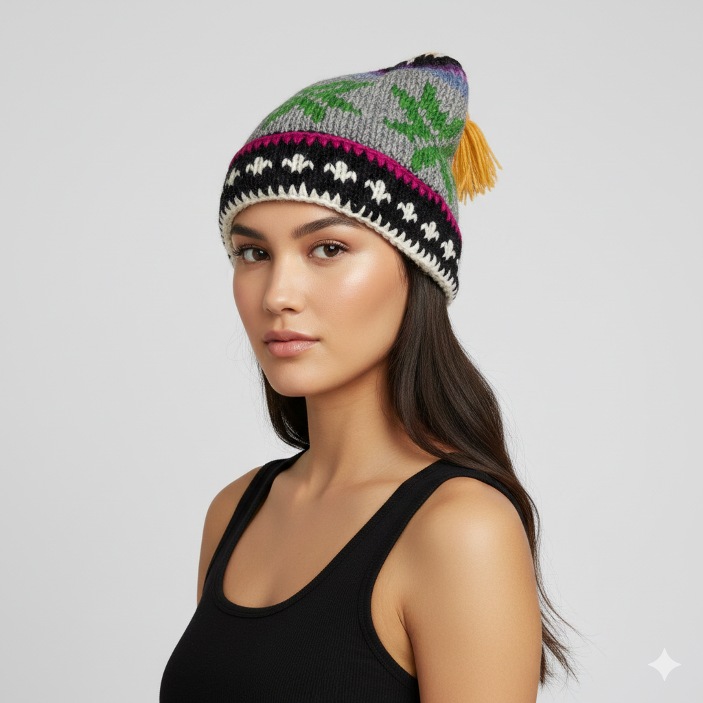 Recycled Hand Knit Jester Hat 100% Wool Boho Beanie Multi Tassel Warm Fleece Lined Winter Cap P457